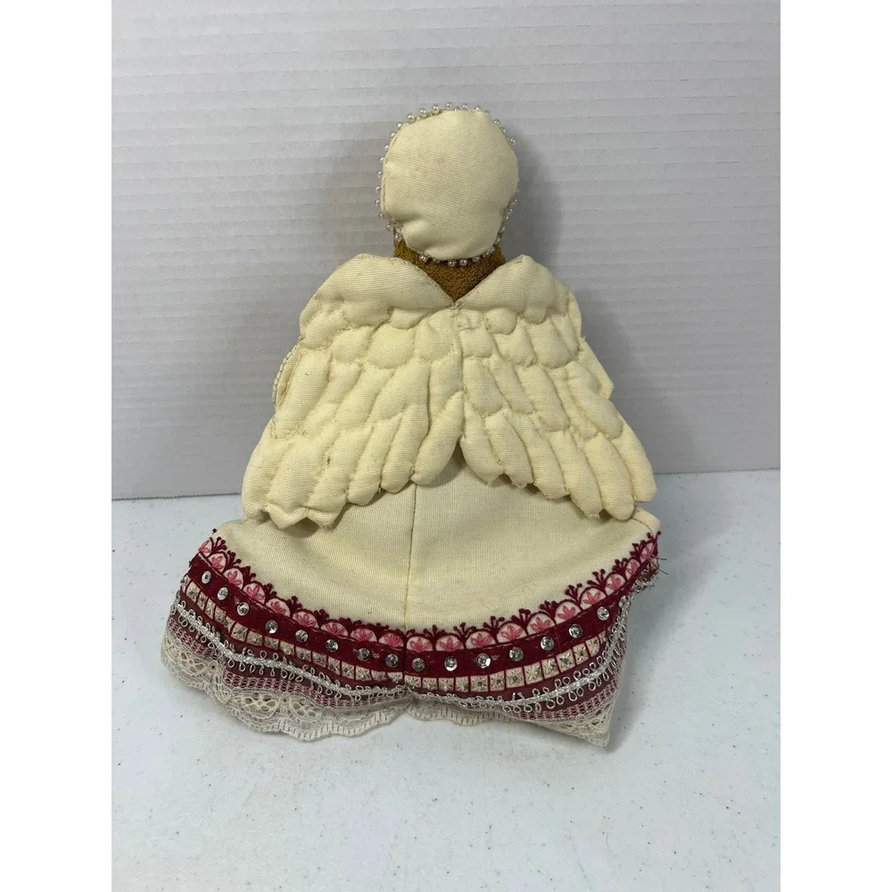 Vintage Handmade Embroidered Christmas Angel Tree Topper Sequin Lace Cream 10in